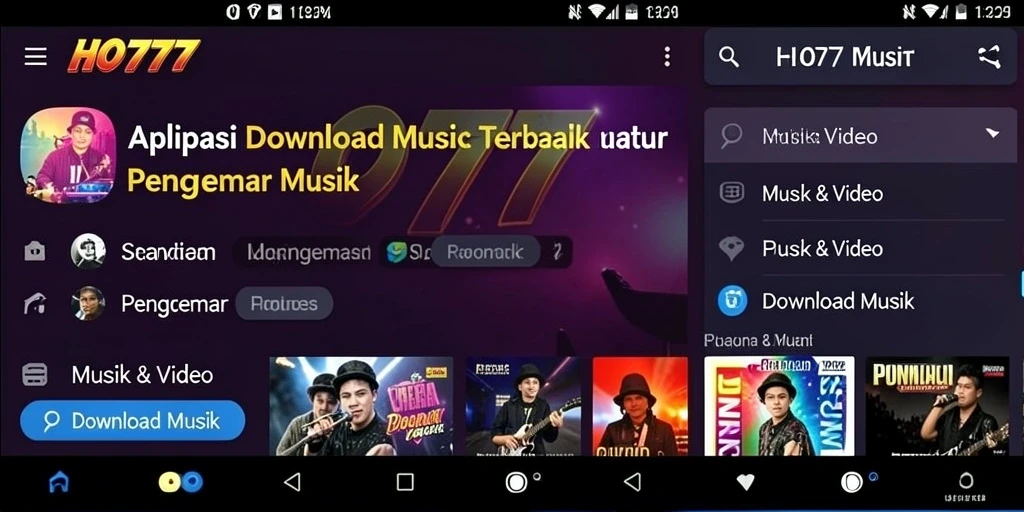 Tampilan antarmuka aplikasi HO777 untuk Download Musik.